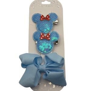 Chloe Accessory Kids Girls Blue Sequin Minnie Mouse Hair Clips Set Large Bow